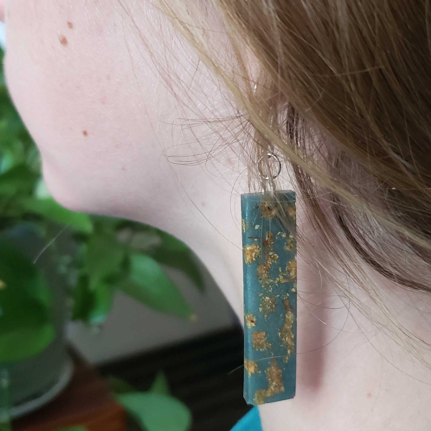 Greenish Blue Boho Dangle Earrings Dried Flowers Gold Marble Pattern