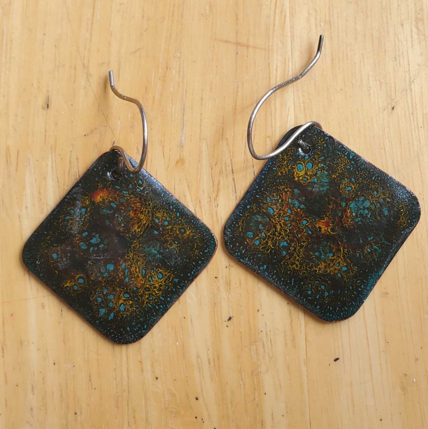 Boho Copper Dangle Earrings with Nebula-Inspired Cosmic Design - Fired Glass on Copper