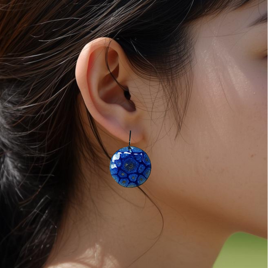 Blue Circular Copper Earrings Dangle Boho Mandala Like Pattern