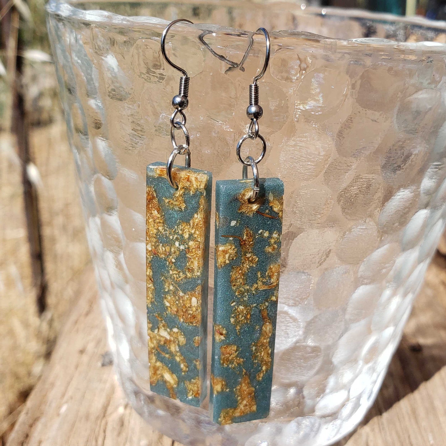 Green Gold Boho Dangle Earrings Dried Flowers Gold Marble Pattern