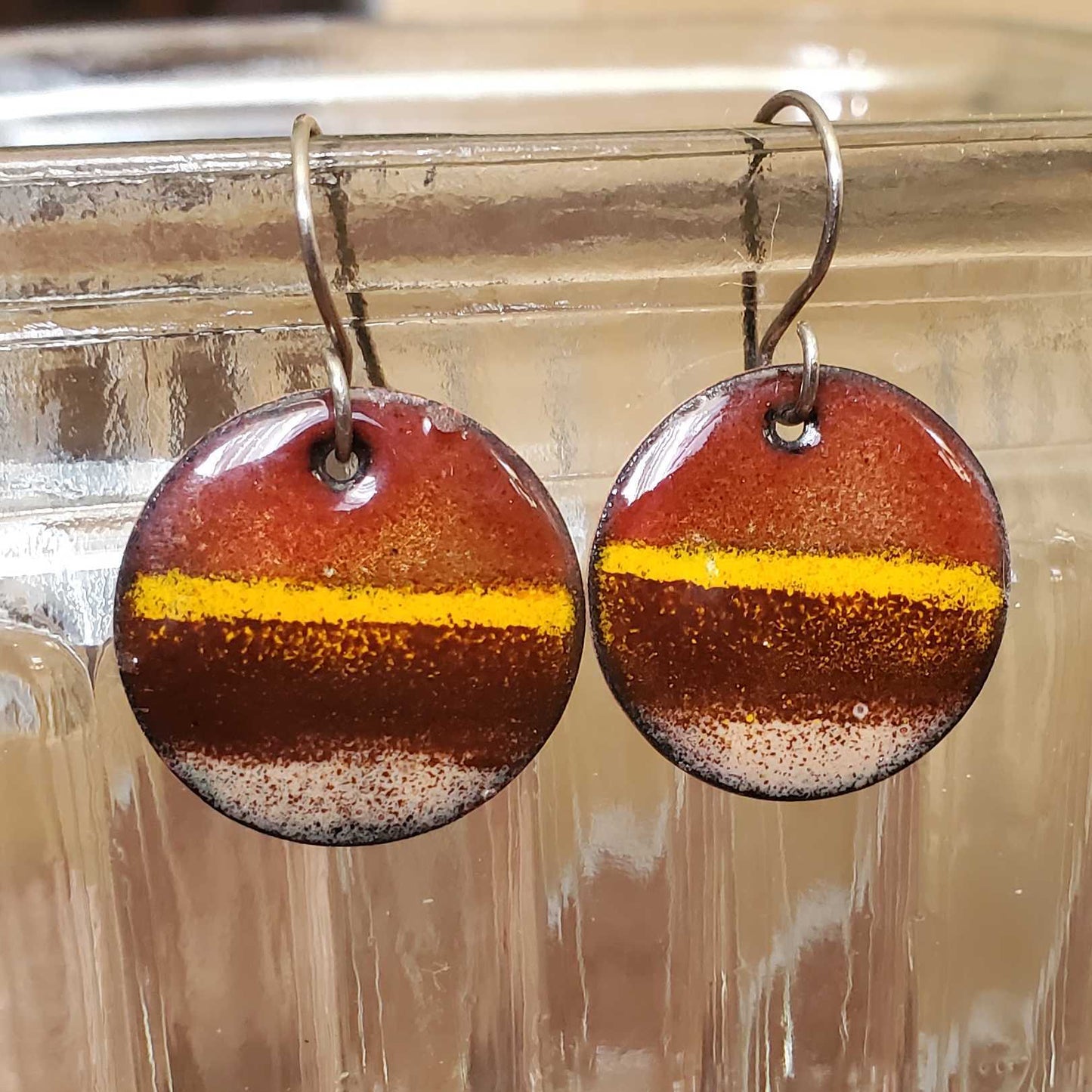 Brown Copper Earrings with Yellow Stripe Glass Retro Vibe