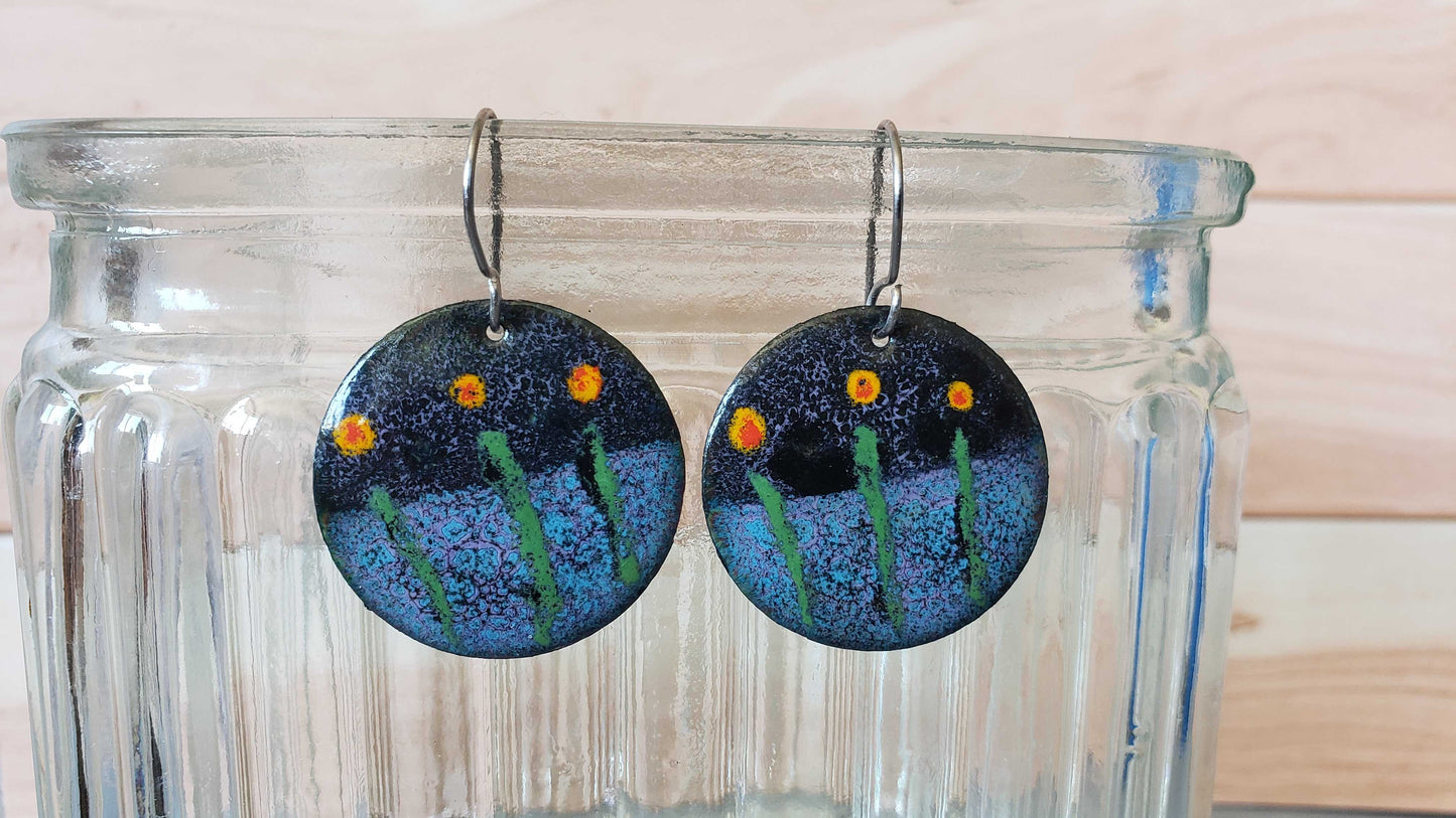 Boho Copper Enamel Earrings Flowers Lavender Field Nighttime Scene