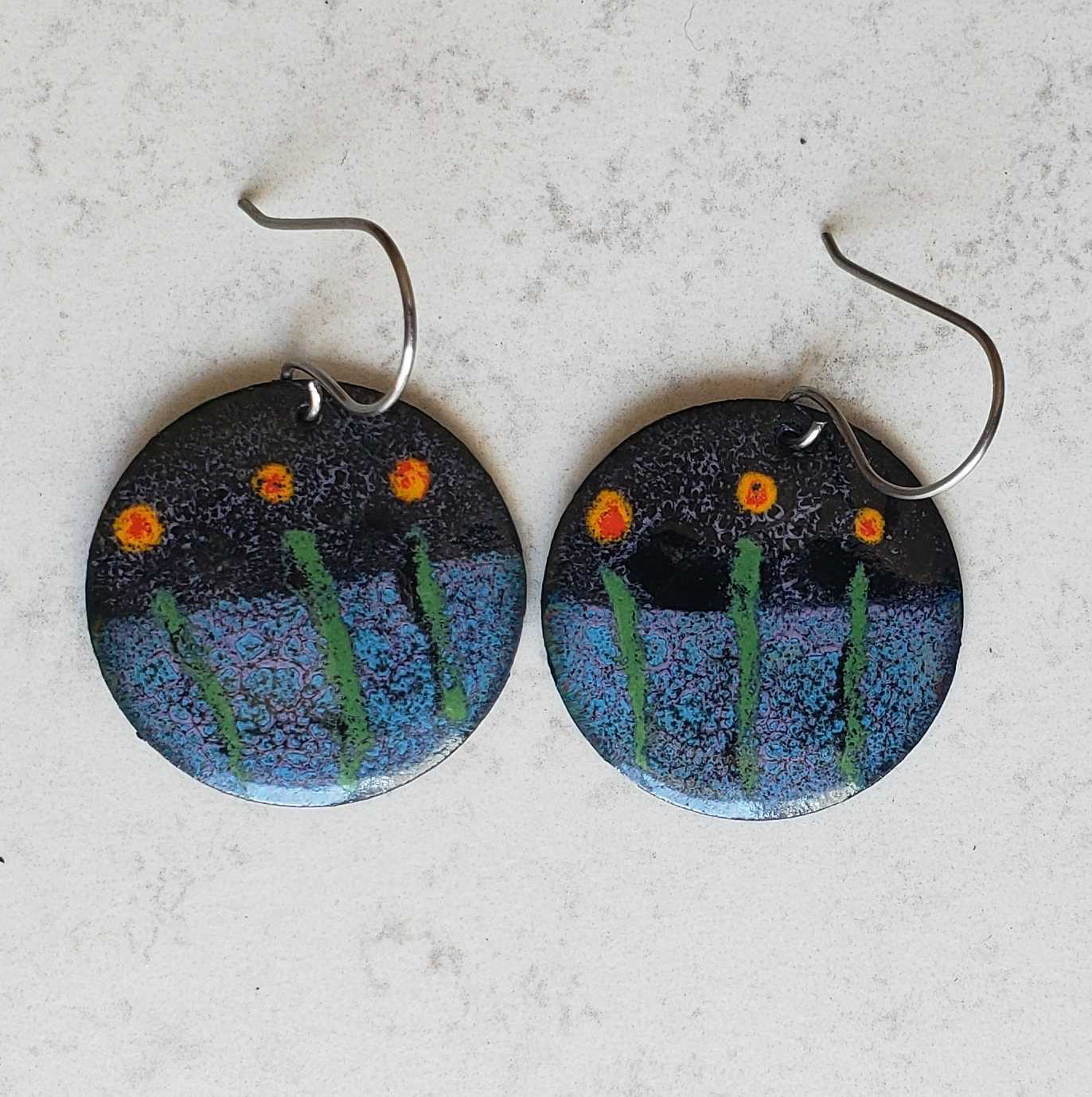 Boho Copper Enamel Earrings Flowers Lavender Field Nighttime Scene