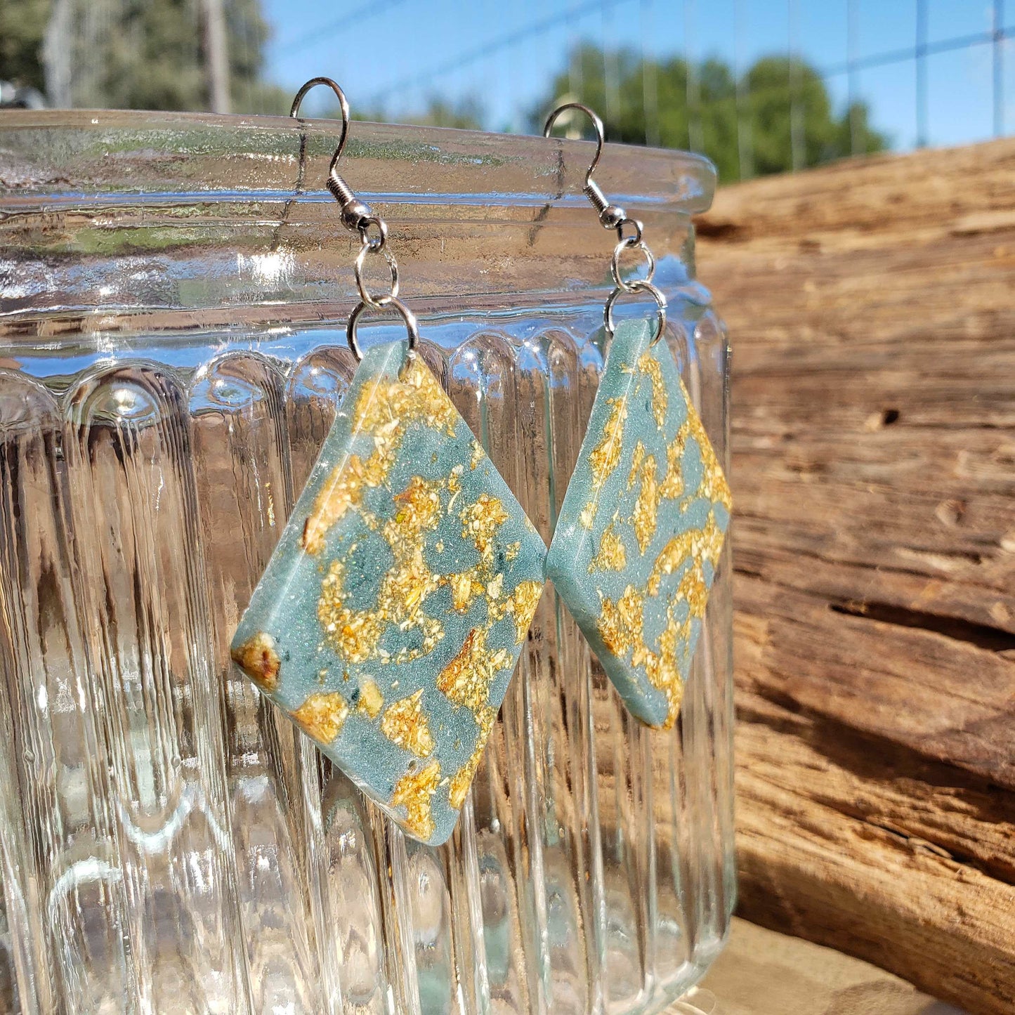 Green Gold Boho Dangle Earrings Marbled Dried Flowers