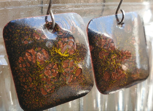Brown Copper Dangle Earrings with Yellow Brown Black Speckled Glass Pattern