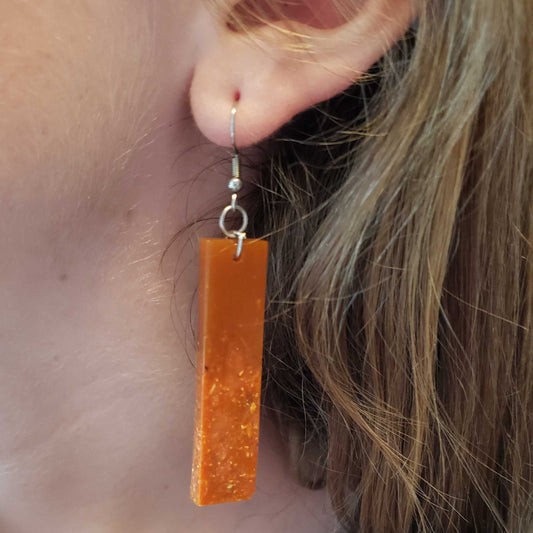 Amber-Colored Rectangle Earrings – Warm Golden-Brown with Real Jasmine Flower Petals Handmade