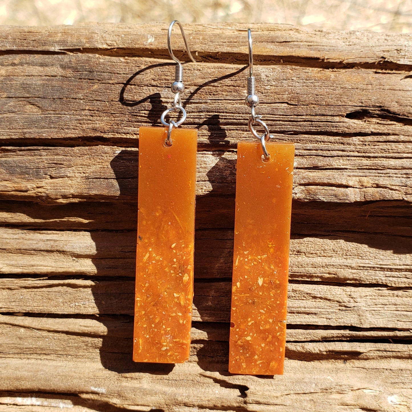 Amber-Colored Rectangle Earrings – Warm Golden-Brown with Real Jasmine Flower Petals Handmade