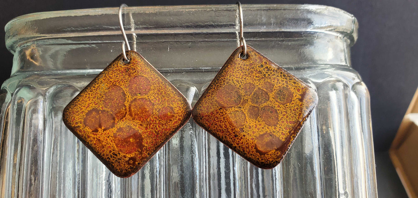 Pair of square brown copper glass enameled earrings