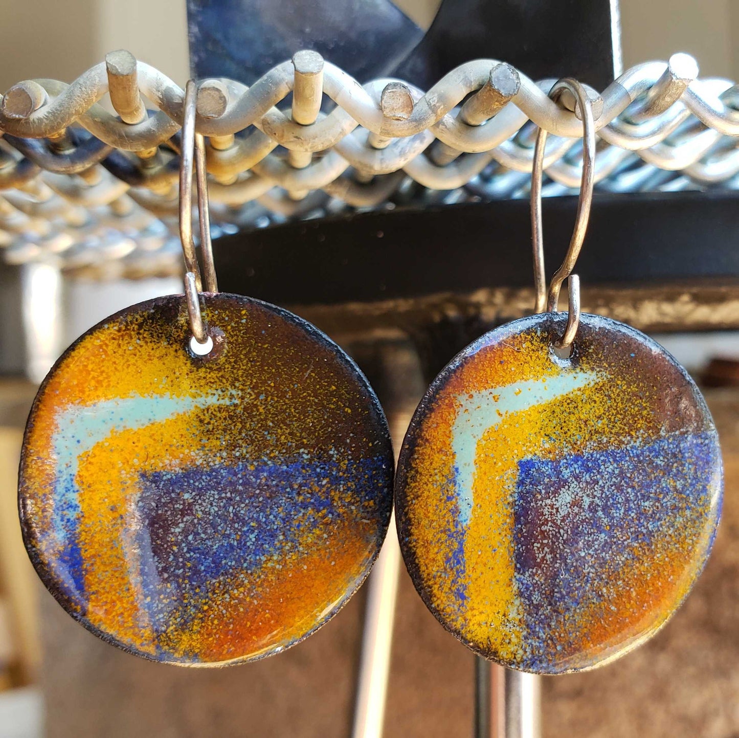 Warm Copper Enamel Dangle Earrings Yellow Orange Brown Blue Mountain Design Boho