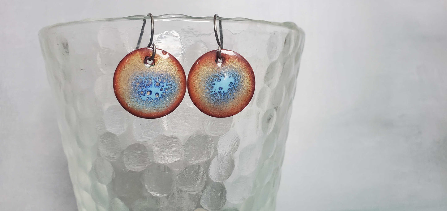 Blue Copper Enamel Earring Crackle Design in Center