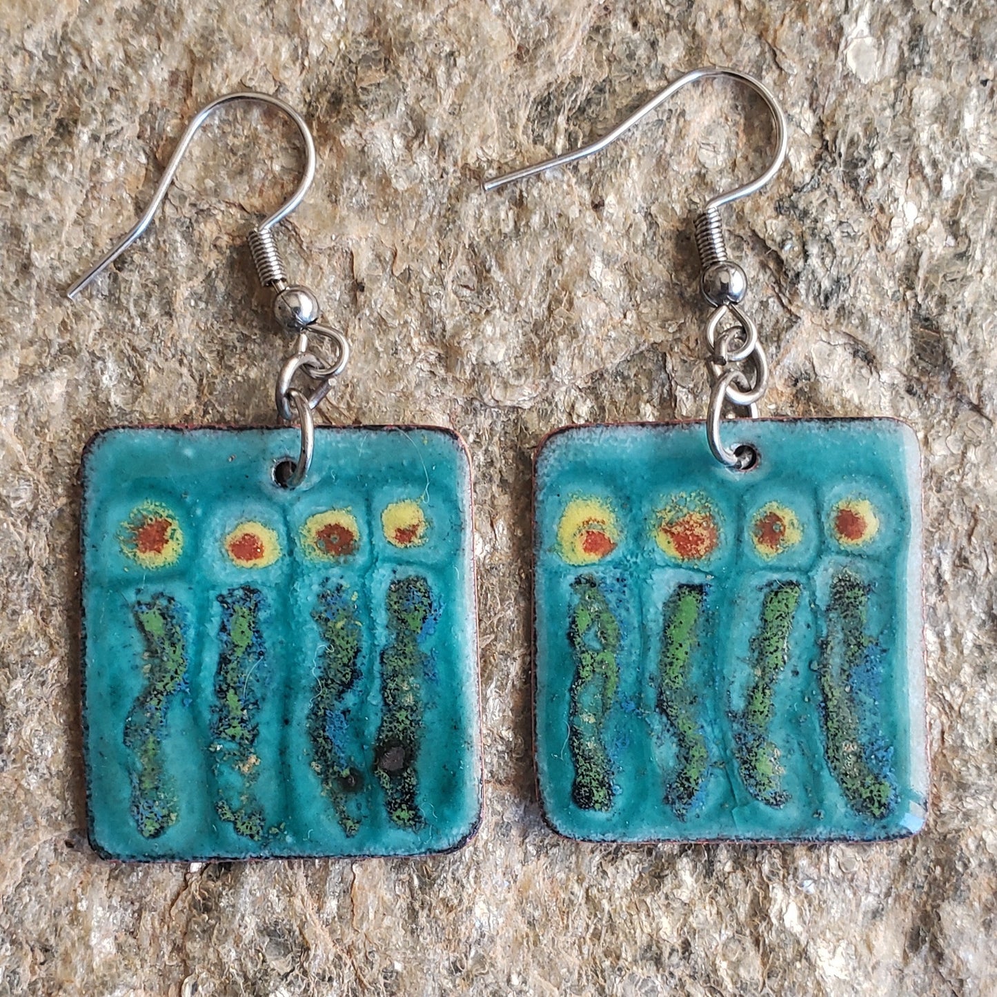 Enameled Copper Earrings Green Blue Flower Design Summer Boho Dangle Handmade
