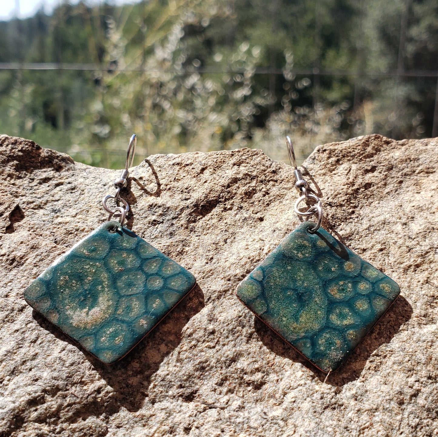 Pair of blue copper enameled earrings square