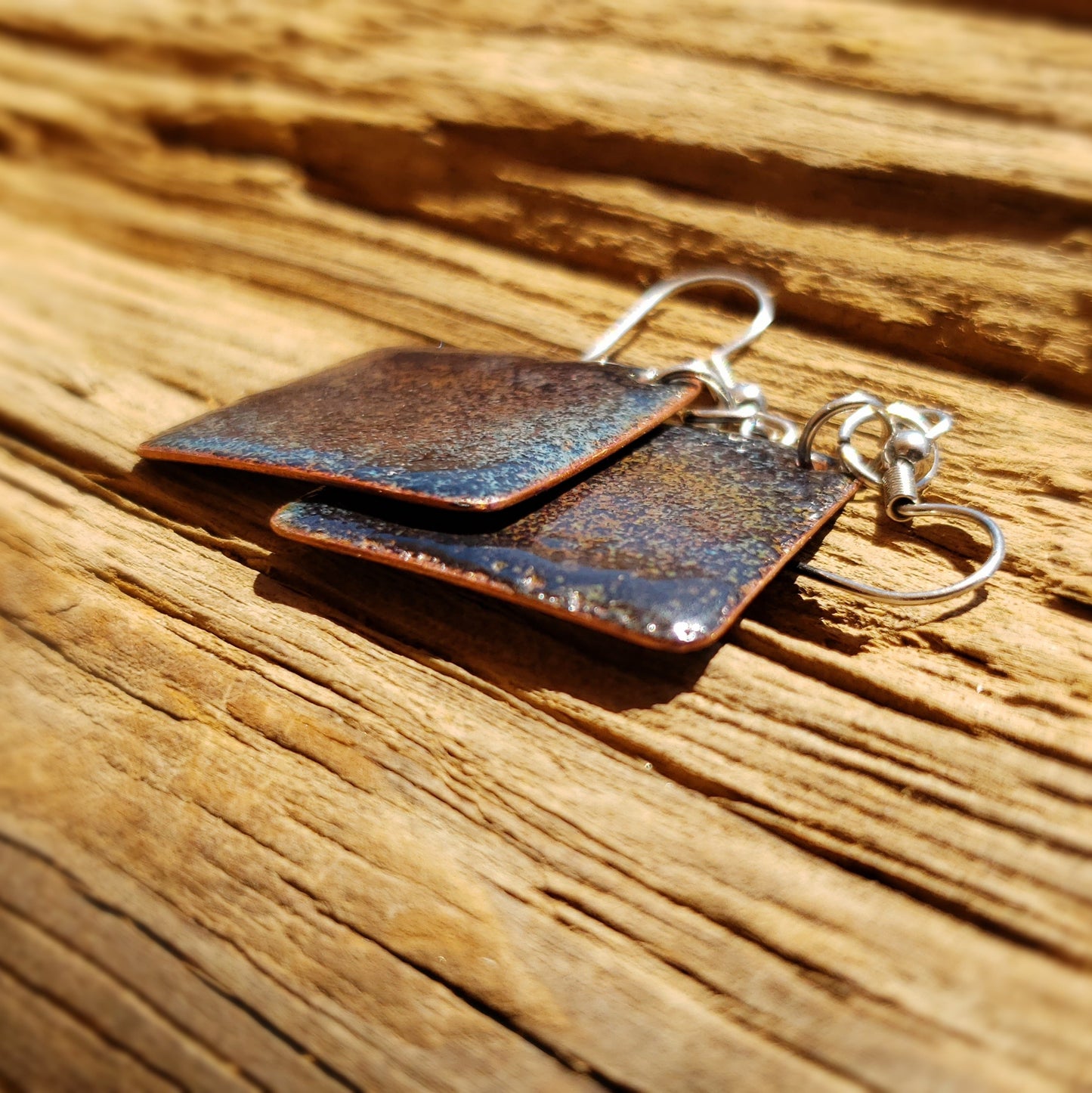 Handmade Copper Enameled Earrings - Blue Beige Yellow Swirls
