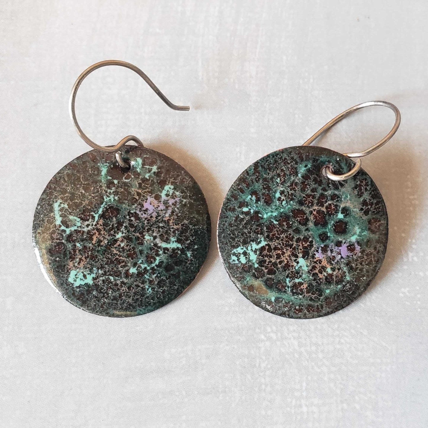 Copper Earrings Brown Crackle Pattern, Mint Green Mauve