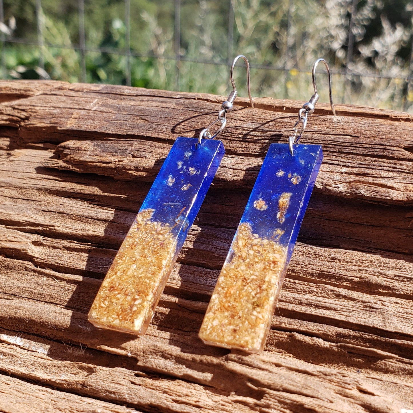Blue and gold rectangular boho earrings