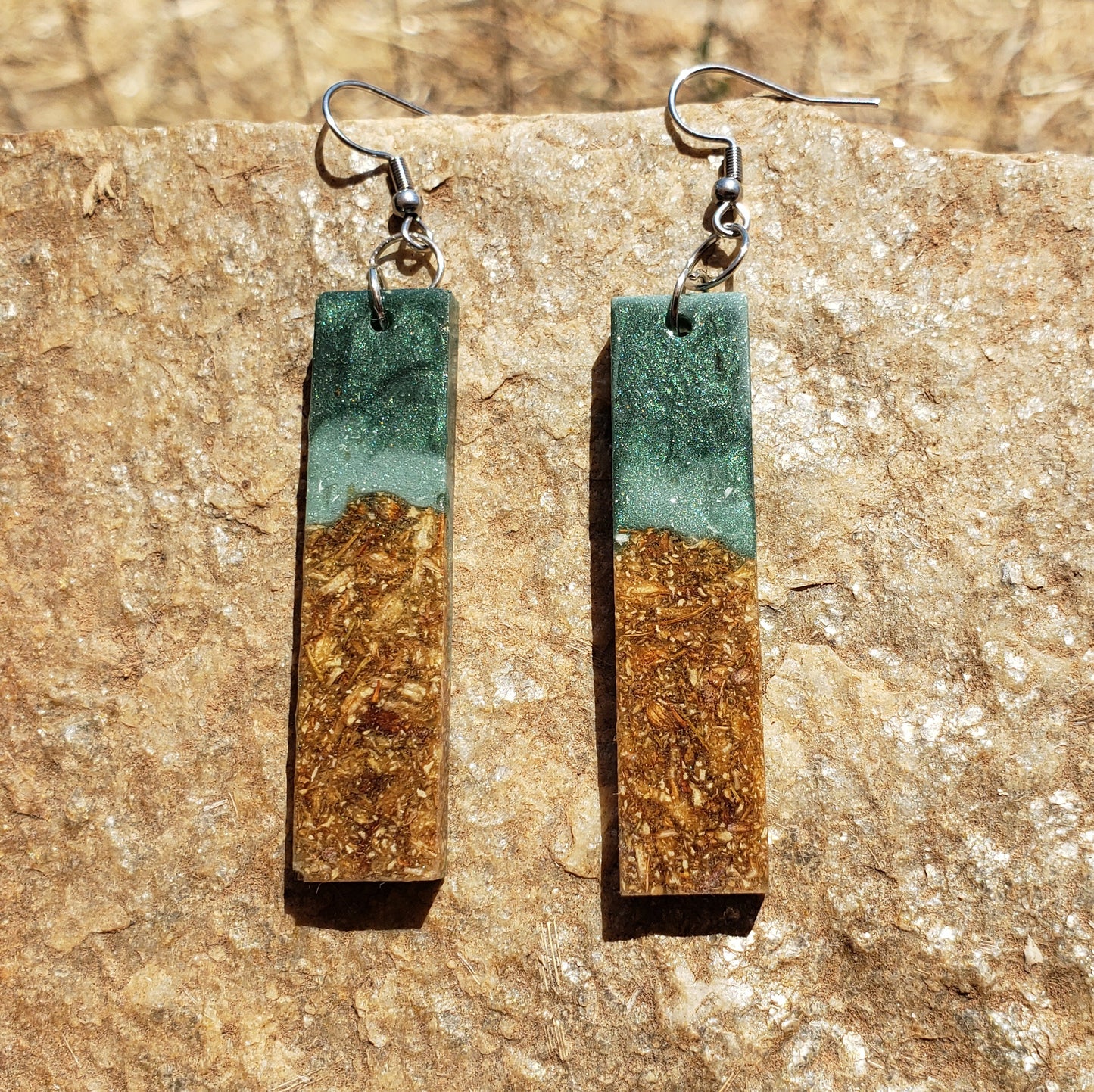 Green & Gold Bar Earrings – Real Jasmine Flower Sand Lake-Inspired Handmade