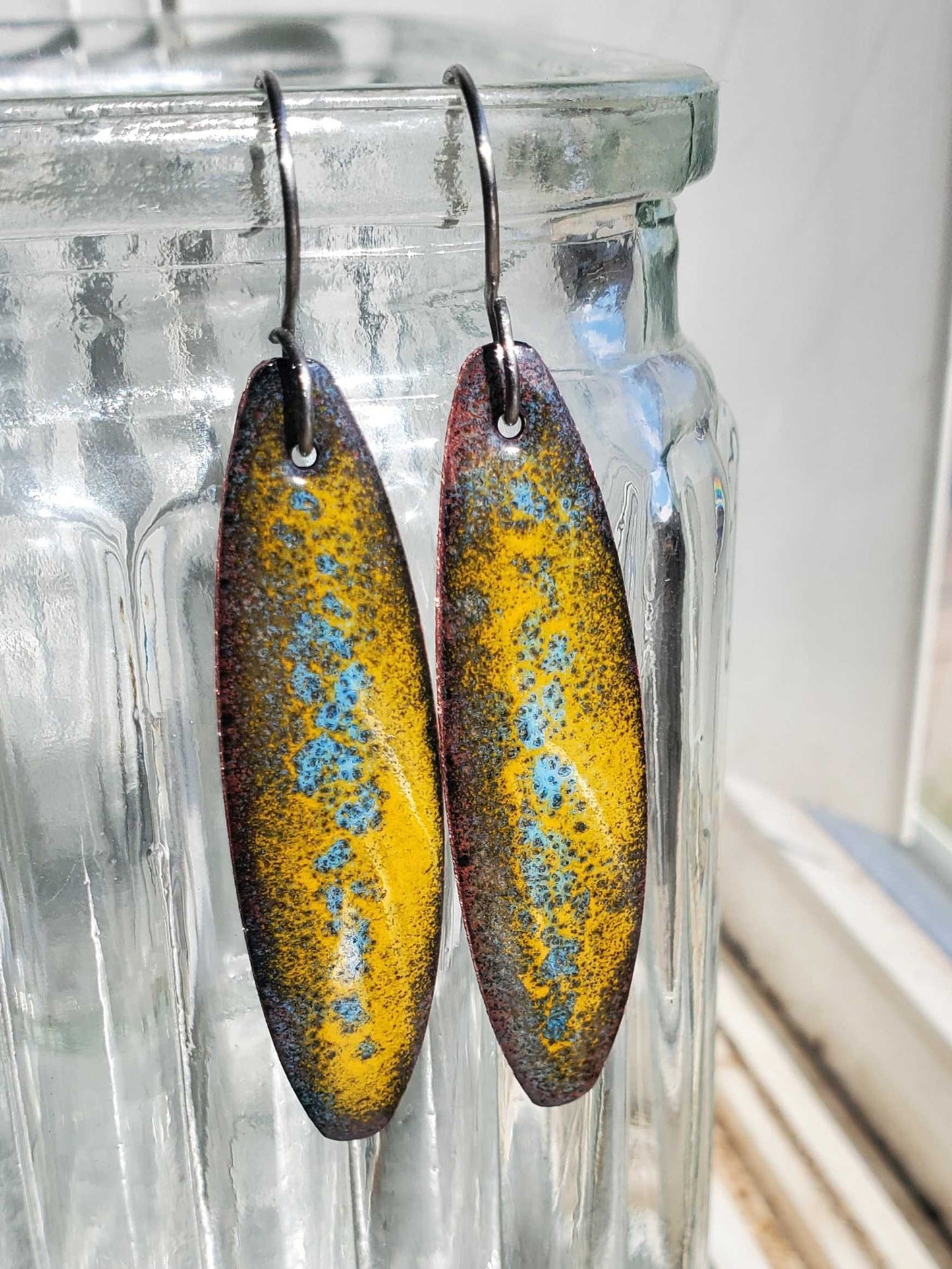 Long Oval Copper Earrings Dangle Yellow Blue Crackle Design - Fishing Vibes