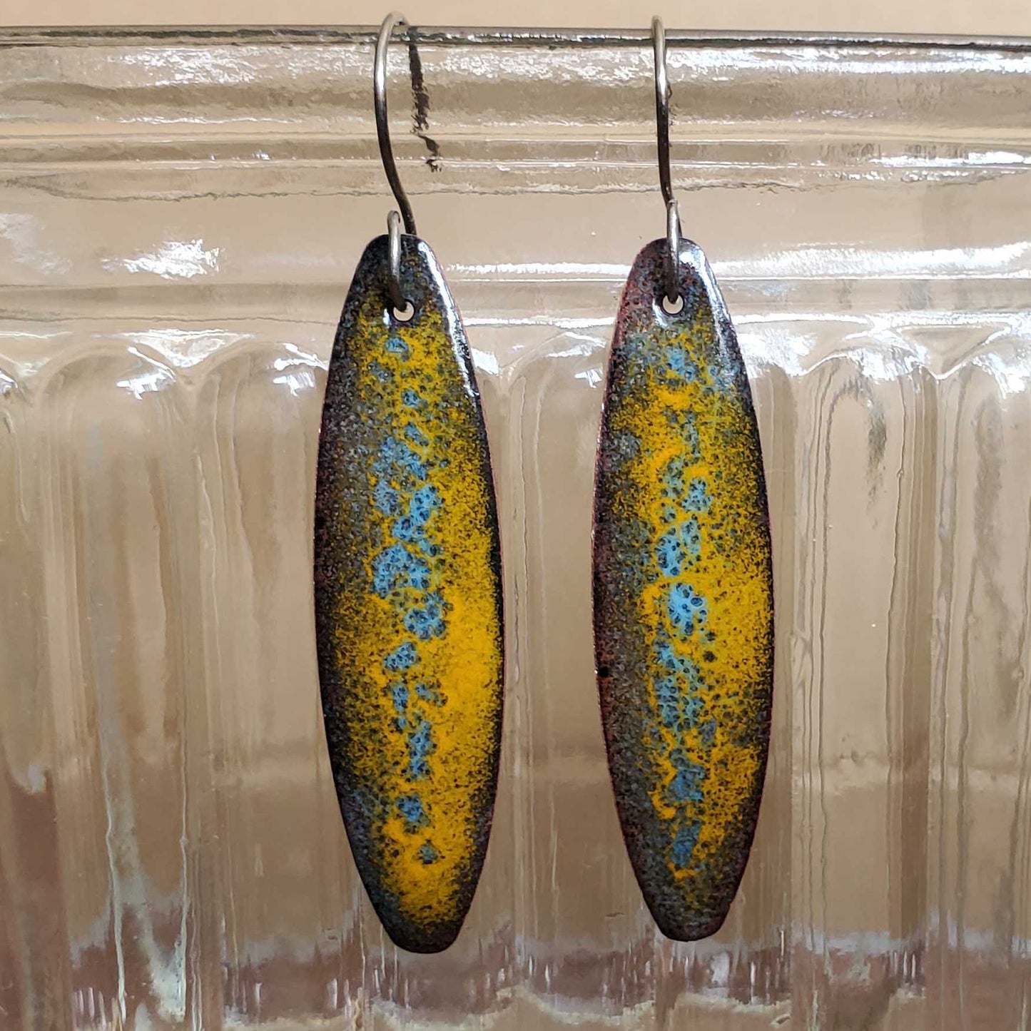 Long Oval Copper Earrings Dangle Yellow Blue Crackle Design - Fishing Vibes