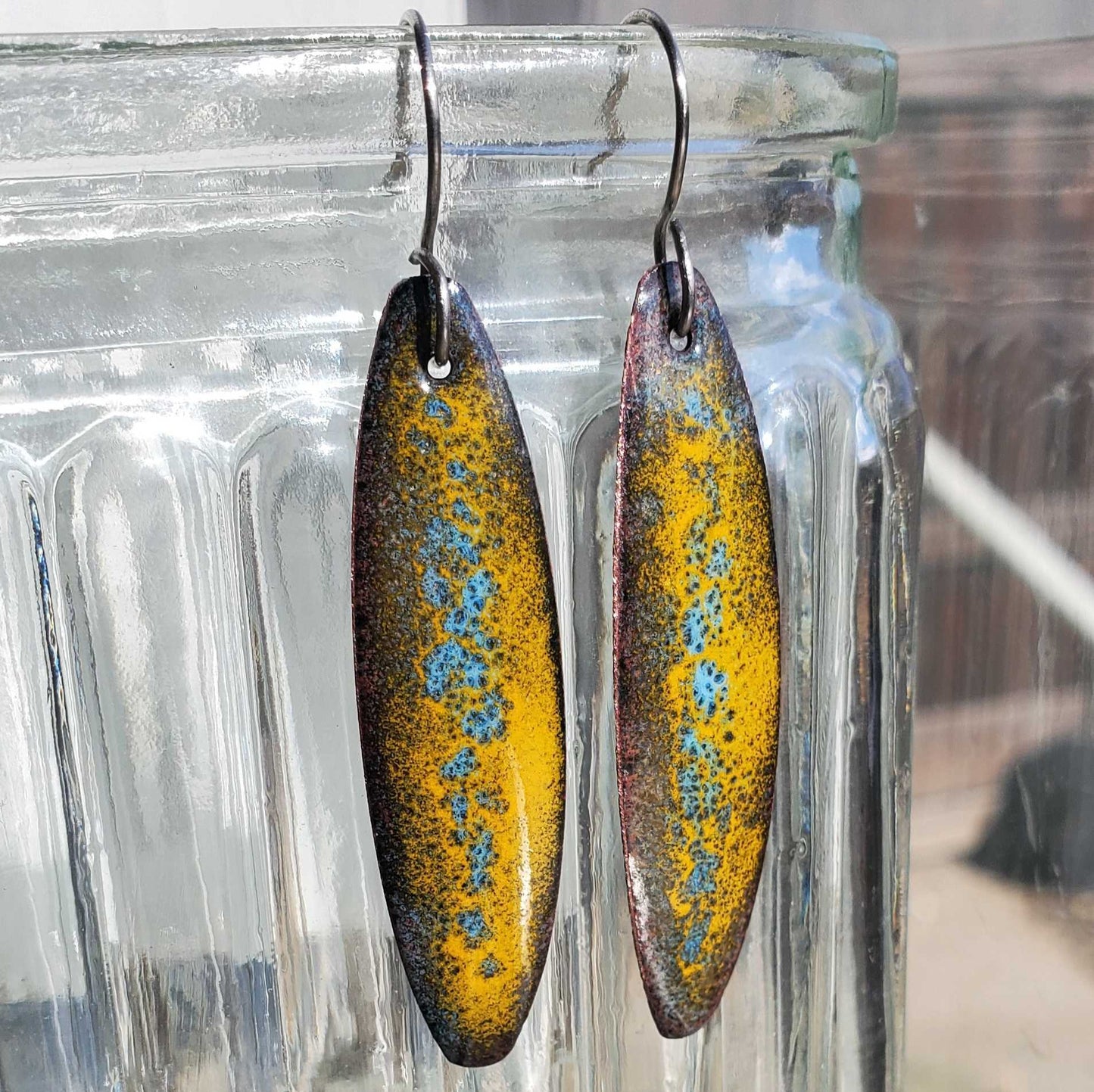 Long Oval Copper Earrings Dangle Yellow Blue Crackle Design - Fishing Vibes