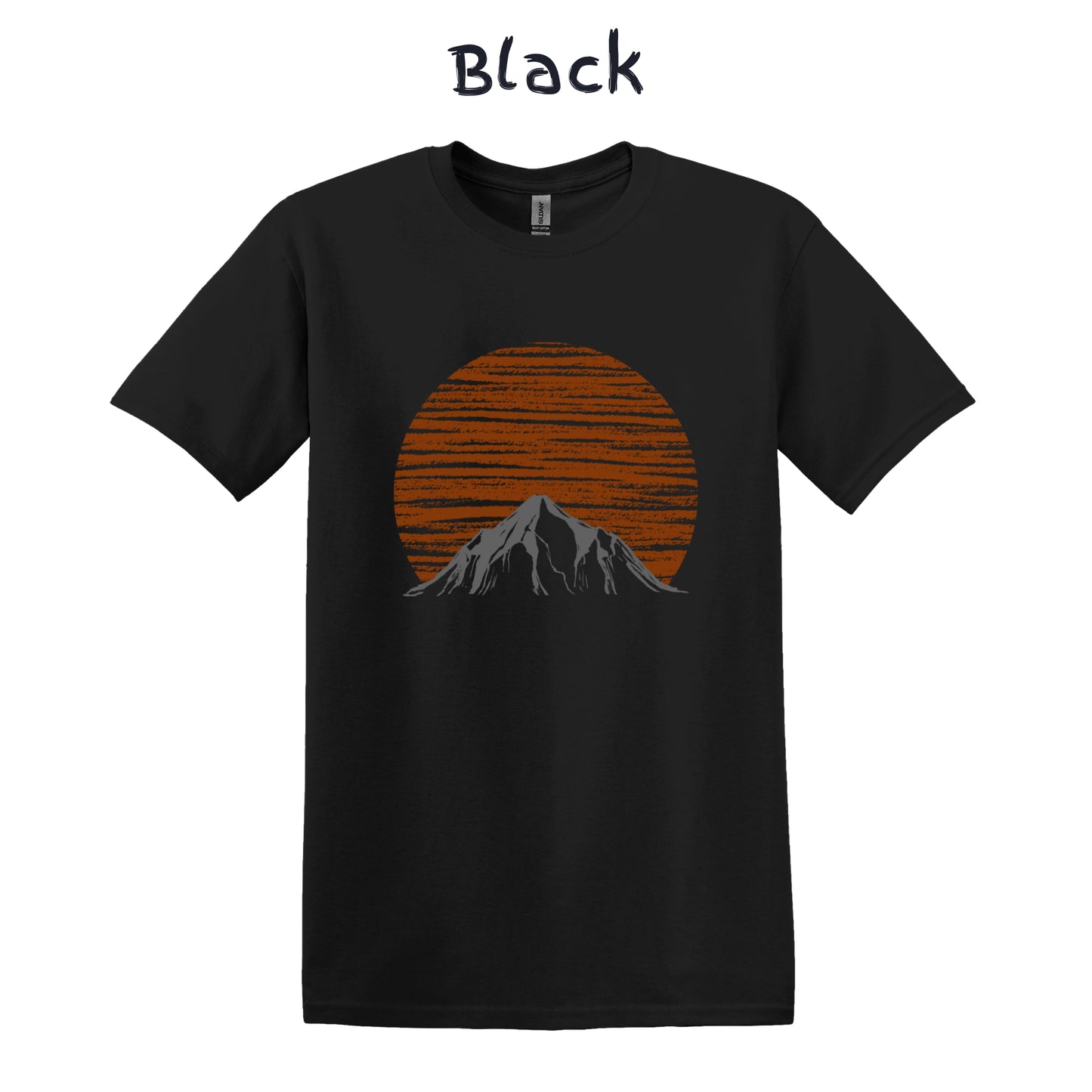 Mountain Men's Tshirt Nature Lover Tee Camping Outdoorsy - Orange Sun Behind a Snowy Gray Mountain
