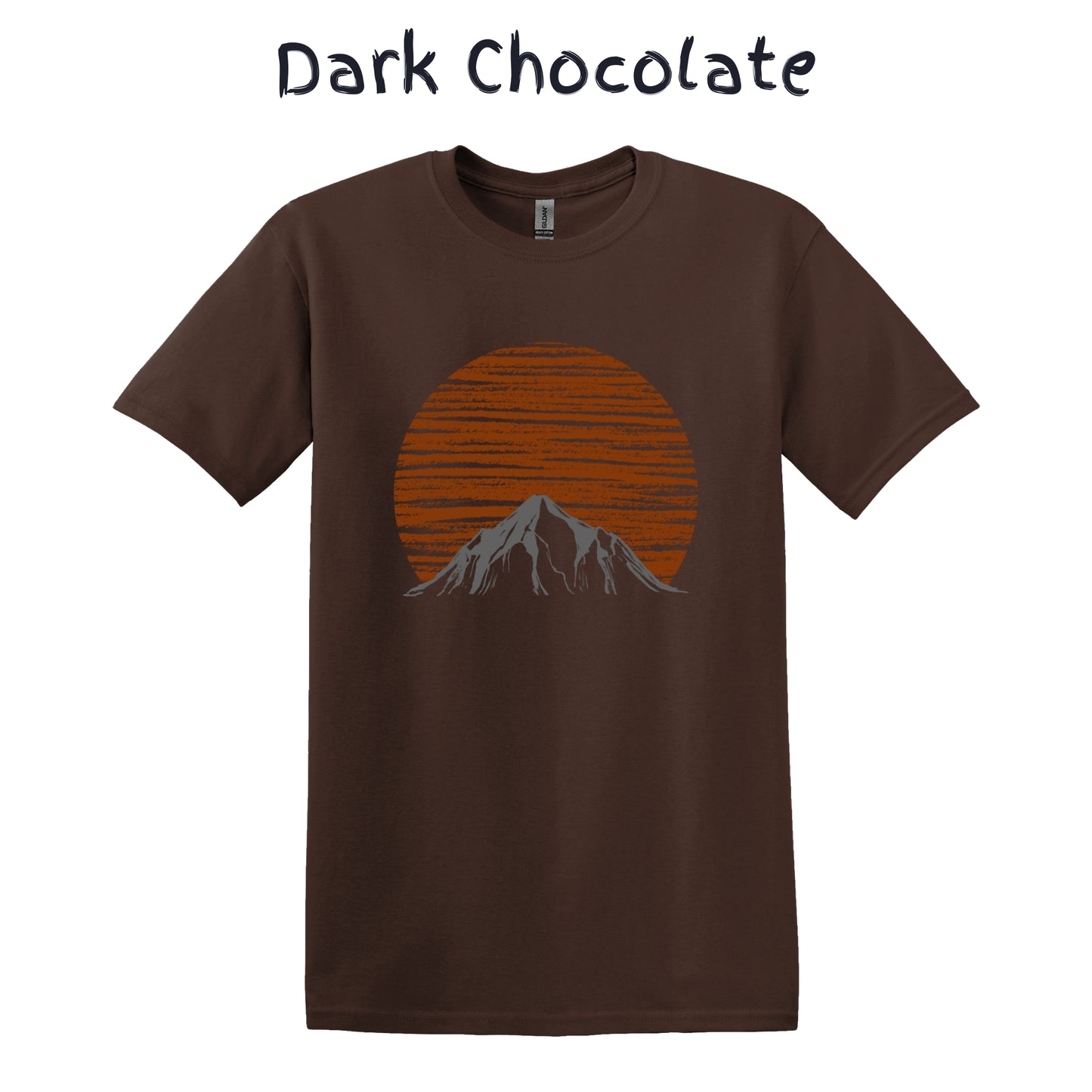 Mountain Men's Tshirt Nature Lover Tee Camping Outdoorsy - Orange Sun Behind a Snowy Gray Mountain