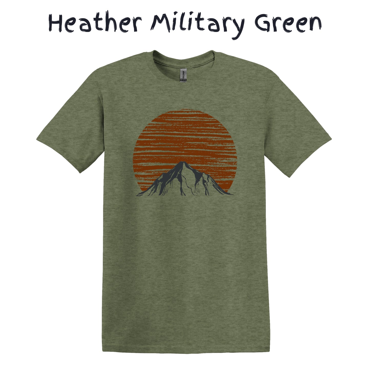 Mountain Men's Tshirt Nature Lover Tee Camping Outdoorsy - Orange Sun Behind a Snowy Gray Mountain