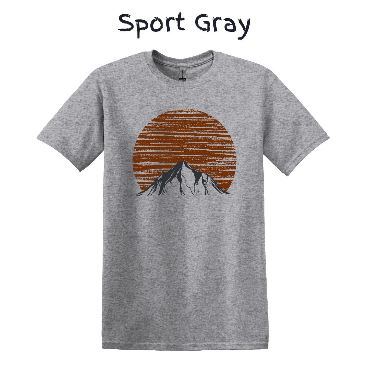 Mountain Men's Tshirt Nature Lover Tee Camping Outdoorsy - Orange Sun Behind a Snowy Gray Mountain