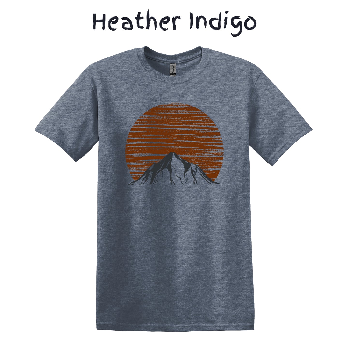 Mountain Men's Tshirt Nature Lover Tee Camping Outdoorsy - Orange Sun Behind a Snowy Gray Mountain