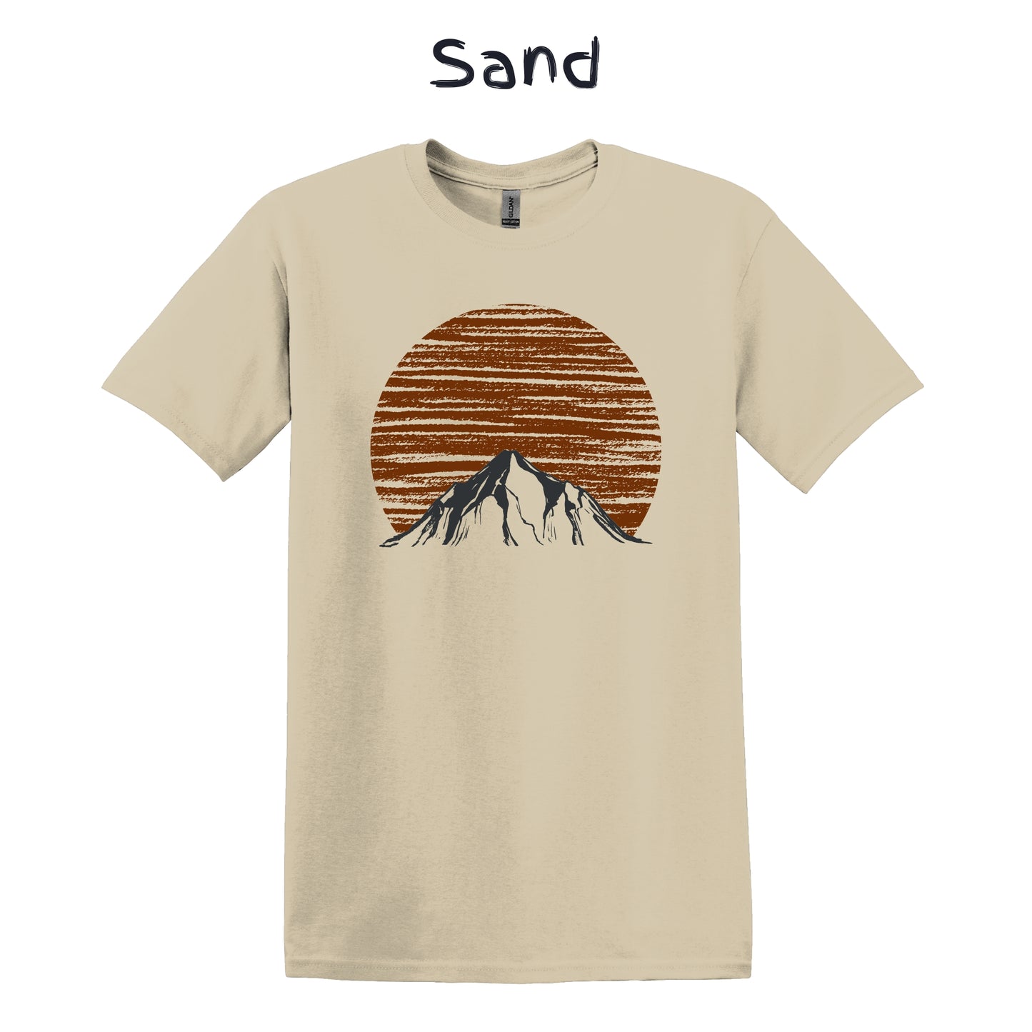 Mountain Men's Tshirt Nature Lover Tee Camping Outdoorsy - Orange Sun Behind a Snowy Gray Mountain