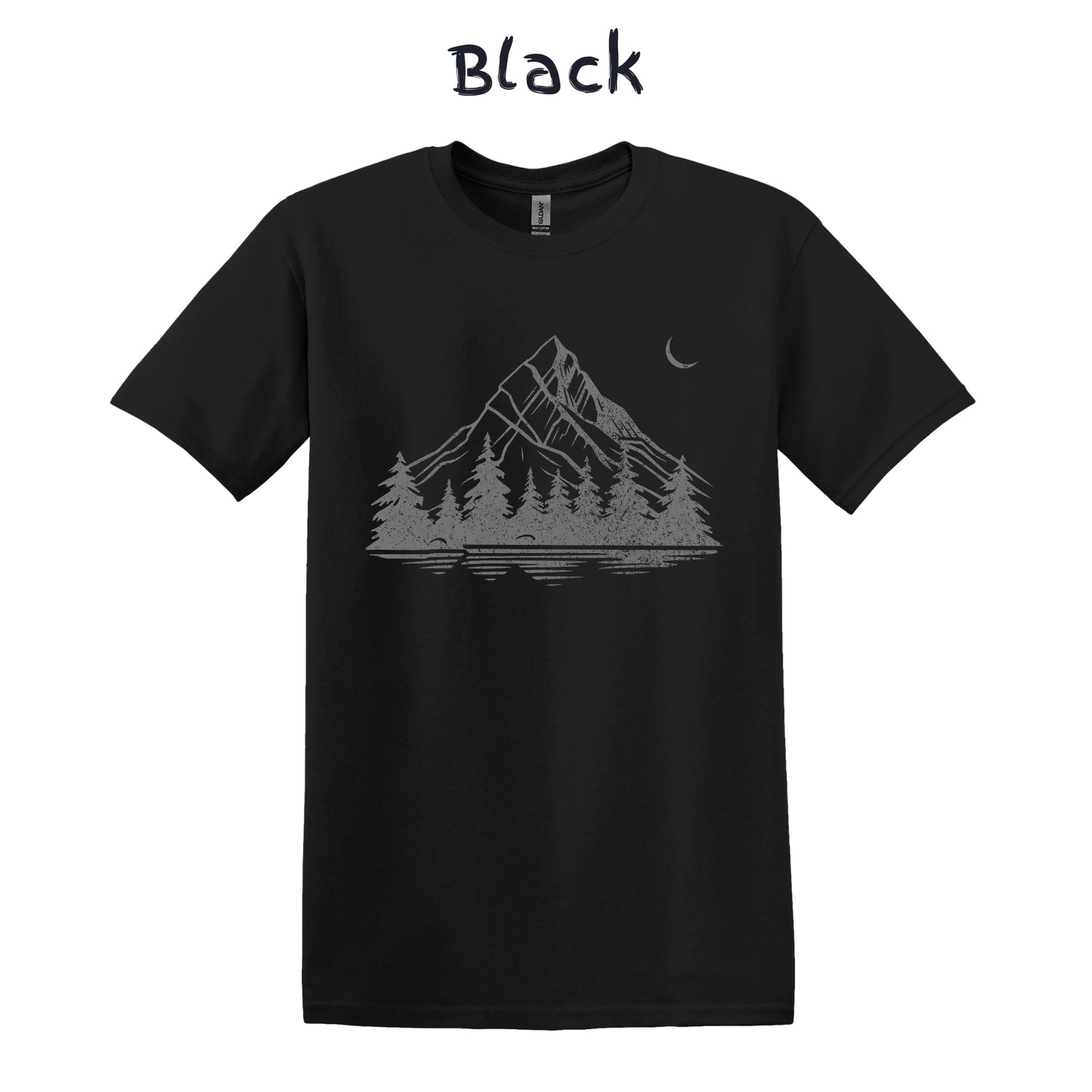 Hiking Tshirt Mens Graphic Tee Mountain T Shirt Pine Tree Forest Moon - Grey Crackled Pattern