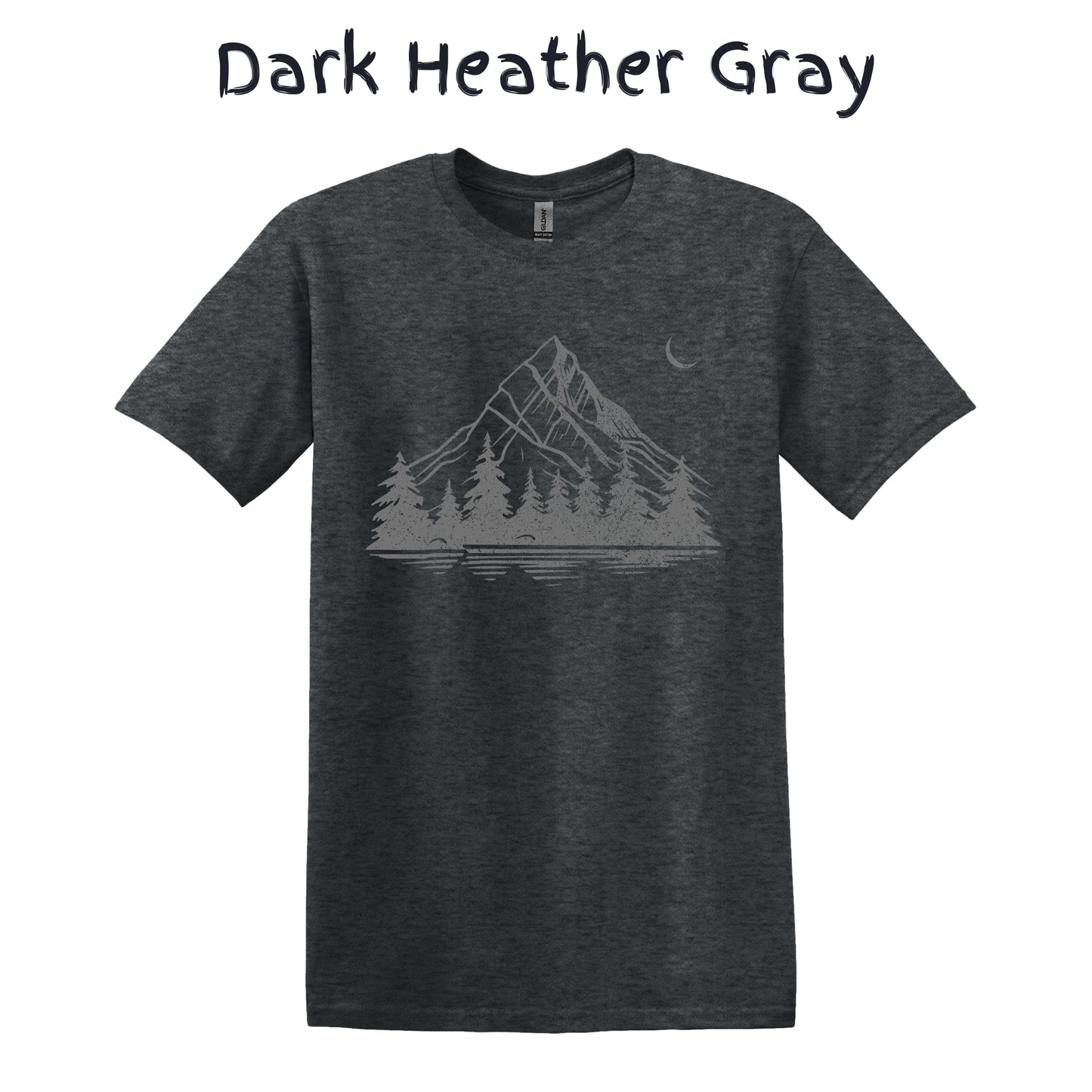 Hiking Tshirt Mens Graphic Tee Mountain T Shirt Pine Tree Forest Moon - Grey Crackled Pattern