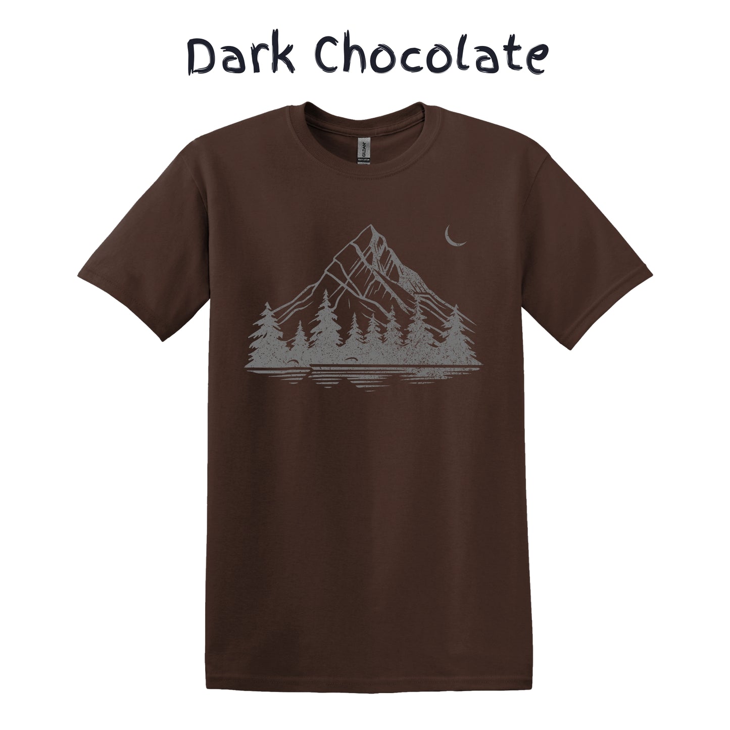 Hiking Tshirt Mens Graphic Tee Mountain T Shirt Pine Tree Forest Moon - Grey Crackled Pattern