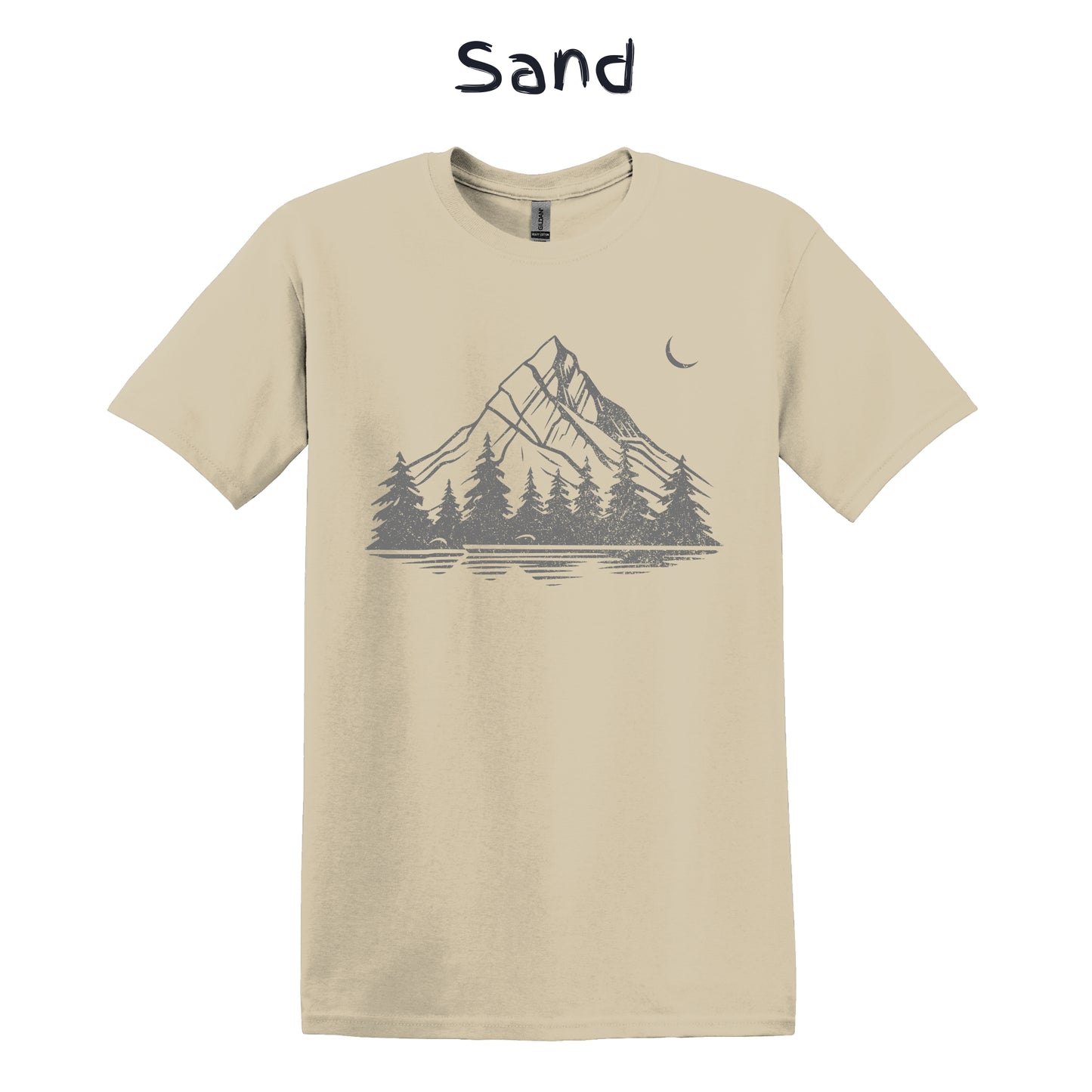 Hiking Tshirt Mens Graphic Tee Mountain T Shirt Pine Tree Forest Moon - Grey Crackled Pattern