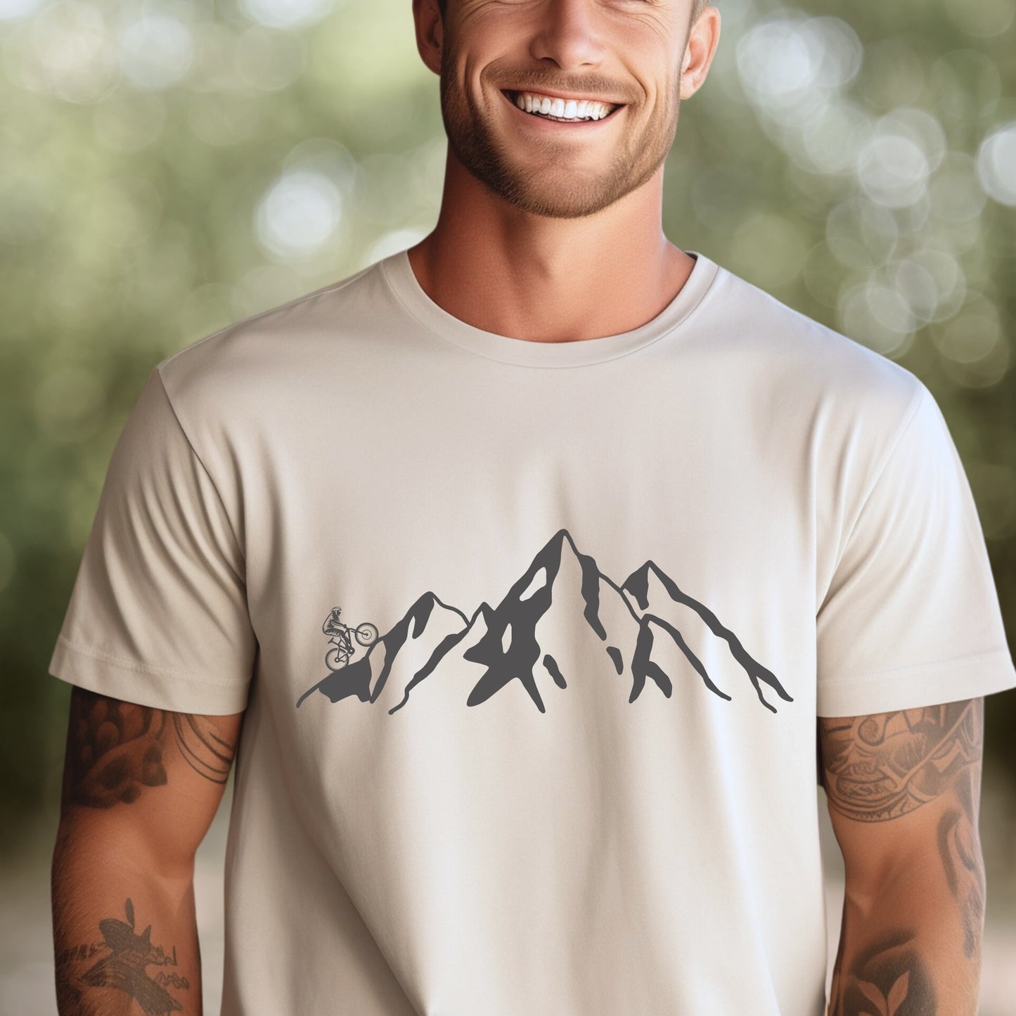 Mountain Bike TShirt Biker MTB Men Biking Bicycle Cycling - Grey Mountain Range with Biker on Left