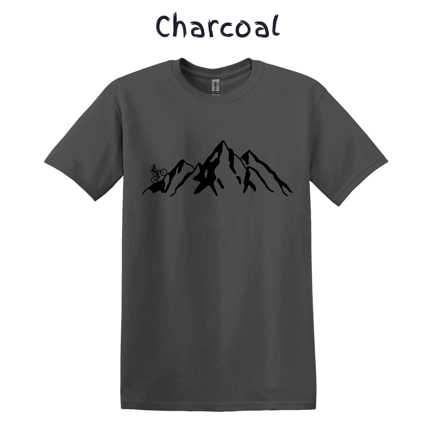 Mountain Bike TShirt Biker MTB Men Biking Bicycle Cycling - Grey Mountain Range with Biker on Left