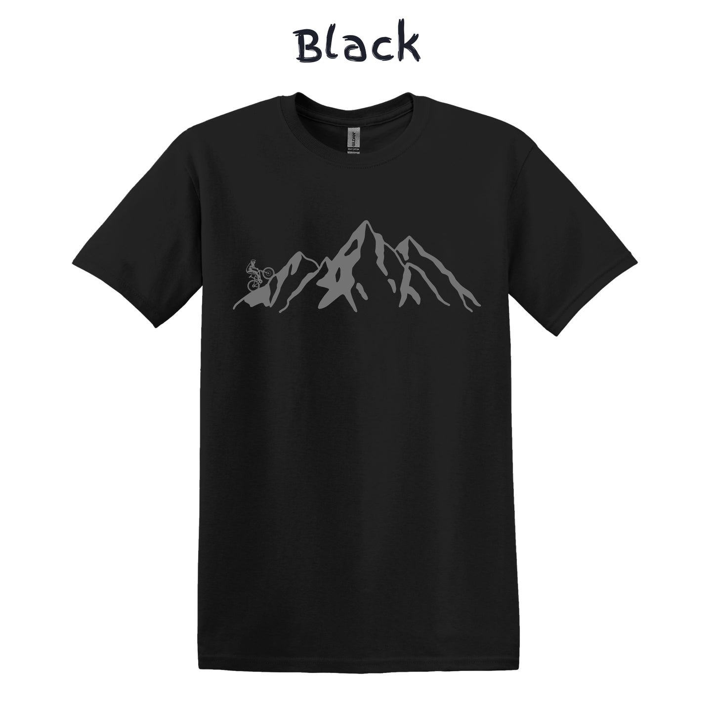 Mountain Bike TShirt Biker MTB Men Biking Bicycle Cycling - Grey Mountain Range with Biker on Left
