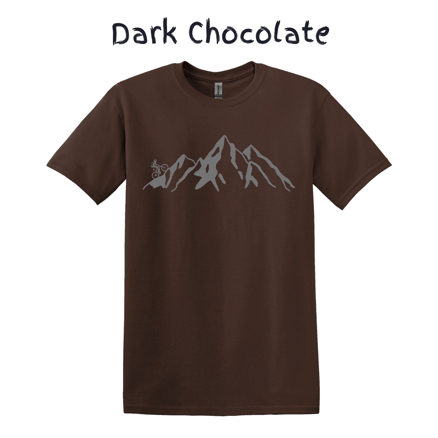 Mountain Bike TShirt Biker MTB Men Biking Bicycle Cycling - Grey Mountain Range with Biker on Left