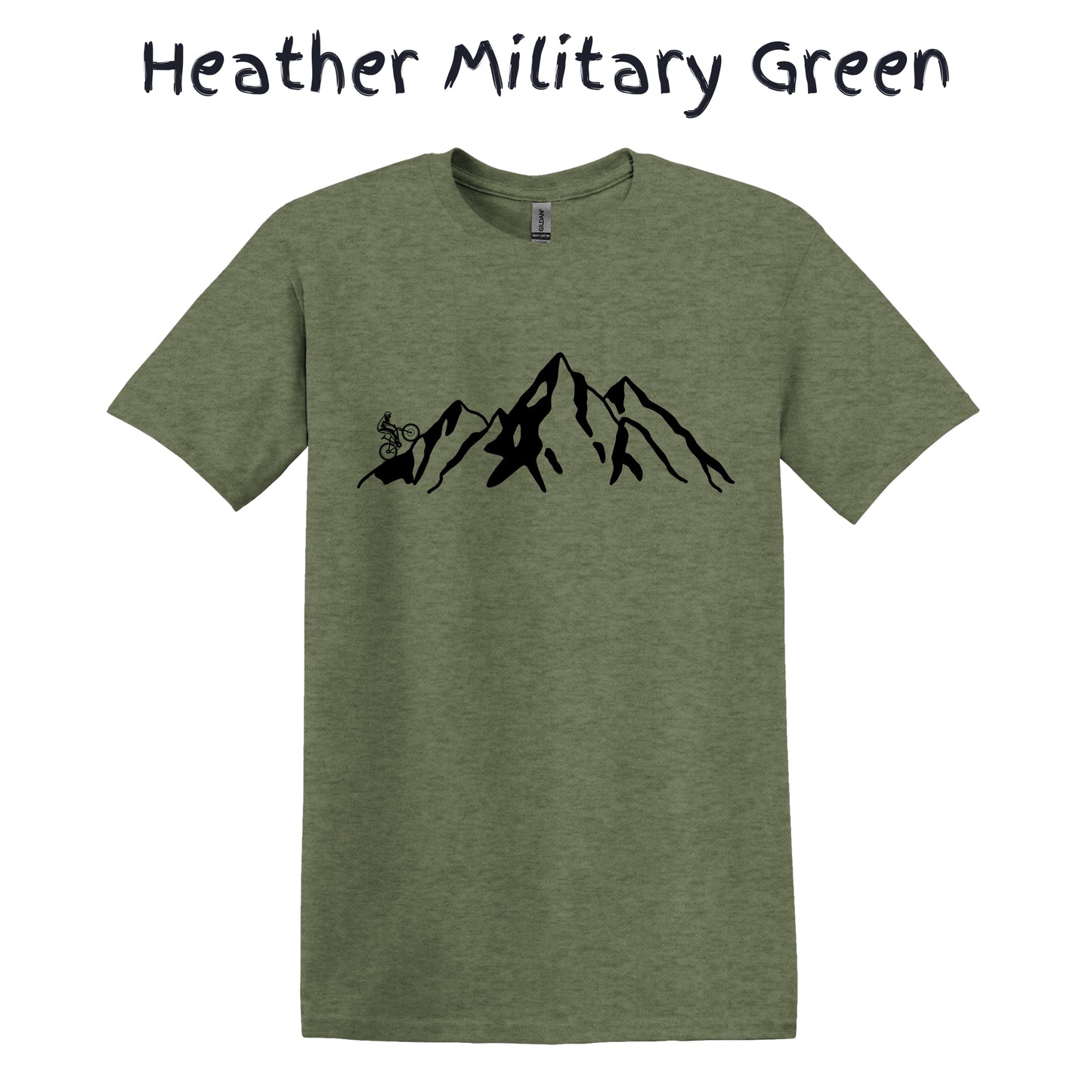 Mountain Bike TShirt Biker MTB Men Biking Bicycle Cycling - Grey Mountain Range with Biker on Left