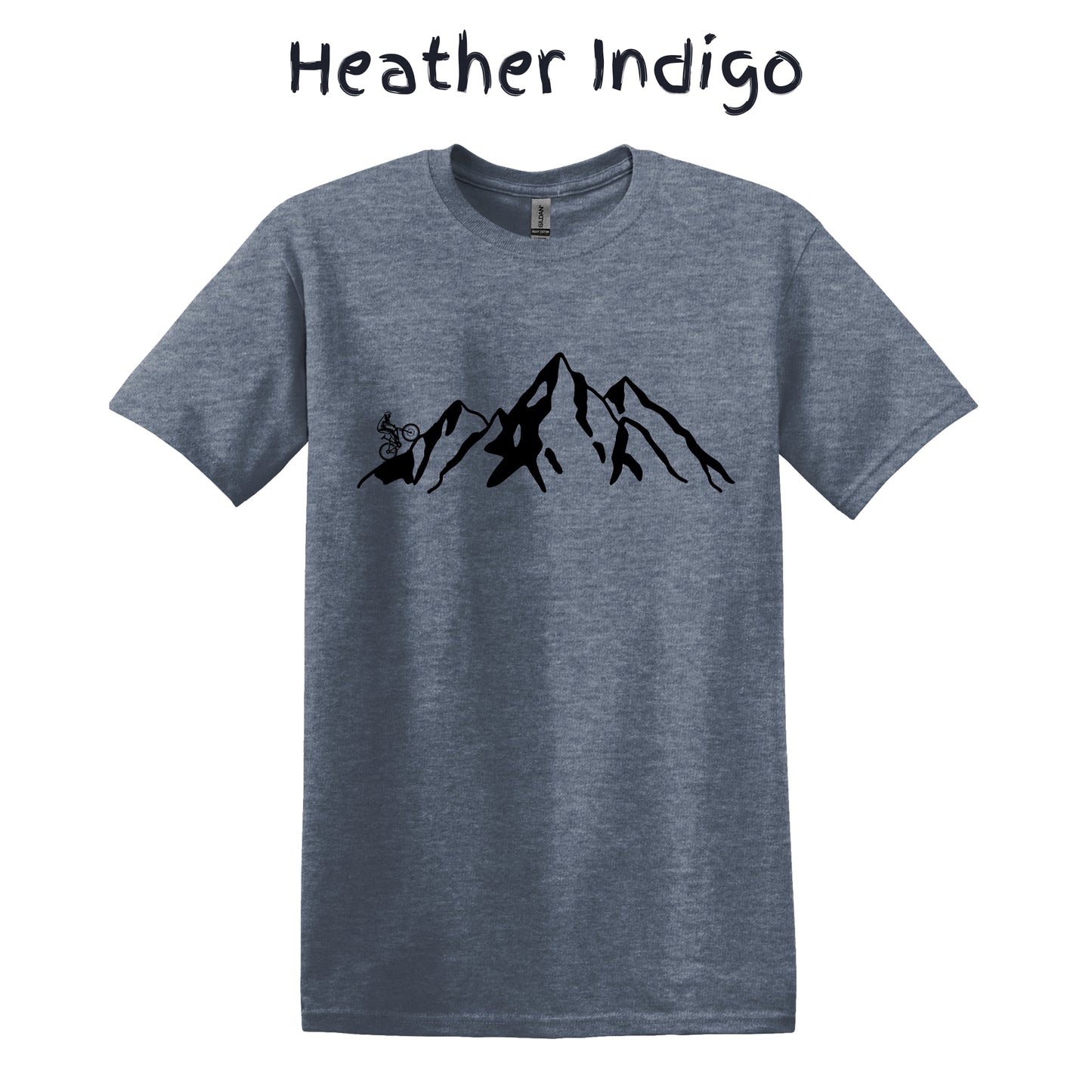 Mountain Bike TShirt Biker MTB Men Biking Bicycle Cycling - Grey Mountain Range with Biker on Left