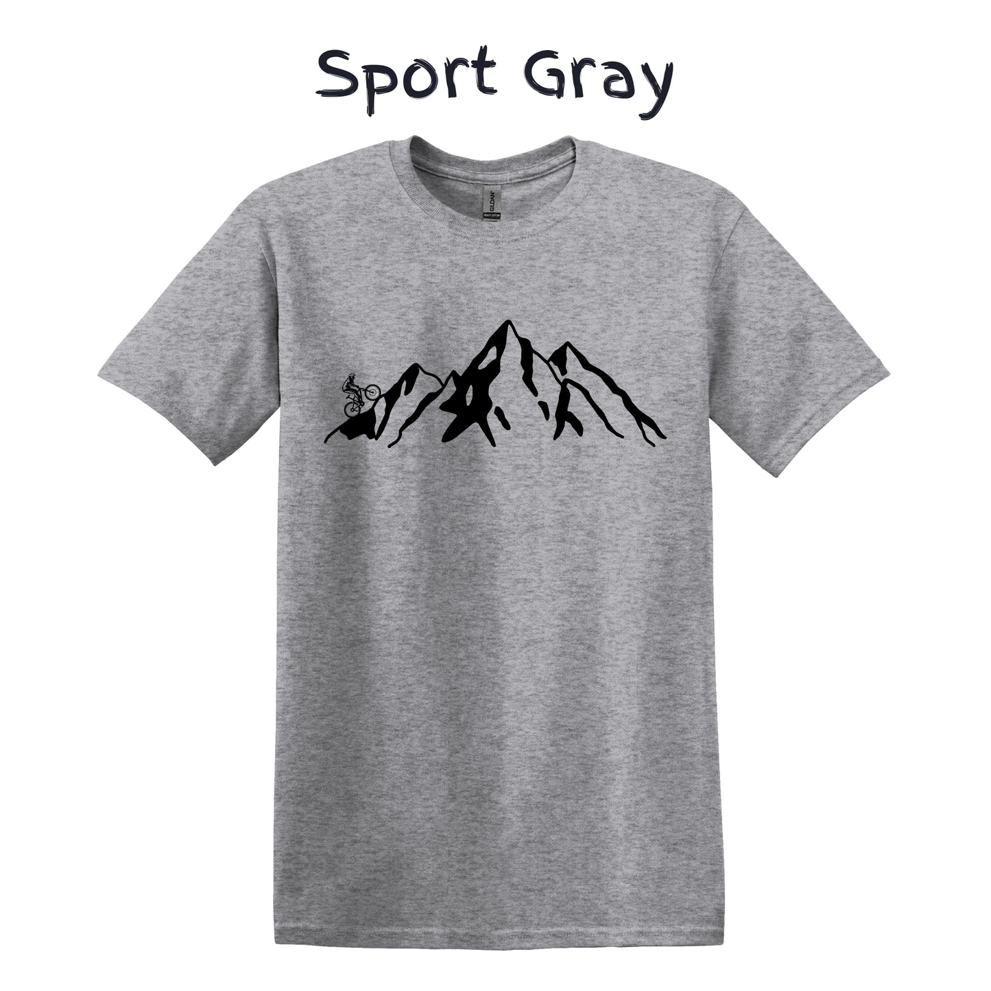 Mountain Bike TShirt Biker MTB Men Biking Bicycle Cycling - Grey Mountain Range with Biker on Left