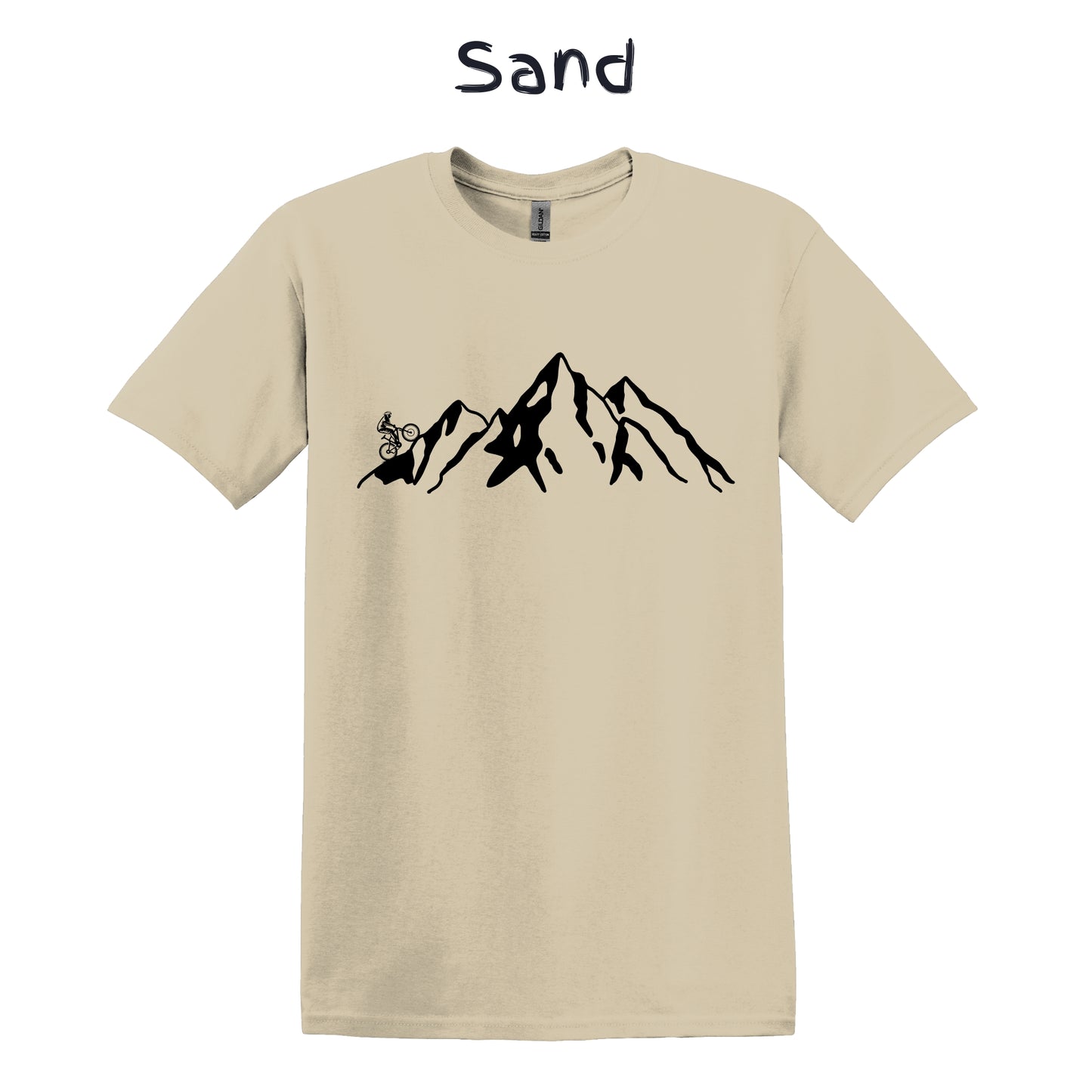 Mountain Bike TShirt Biker MTB Men Biking Bicycle Cycling - Grey Mountain Range with Biker on Left