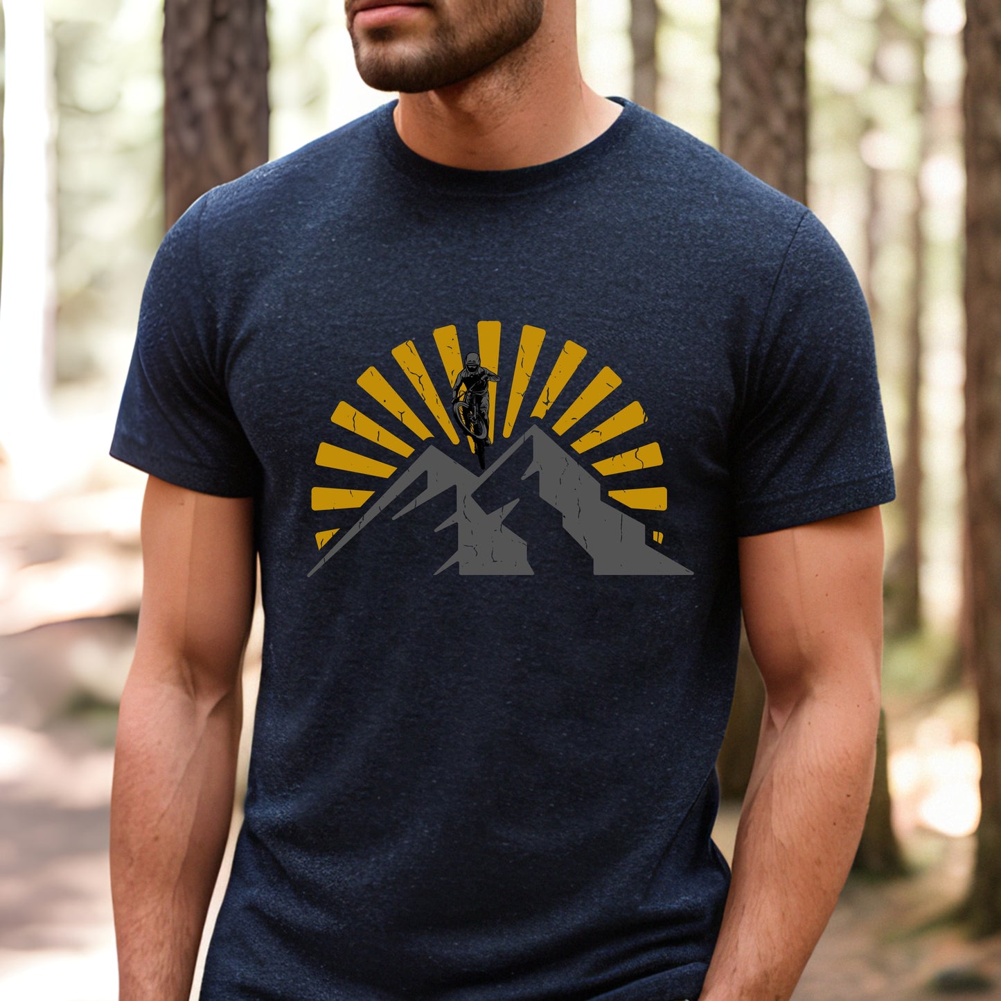 Mountain Bike T-Shirt Yellow Sunset Mountain with Biker MTB Biking Shirt Cycling
