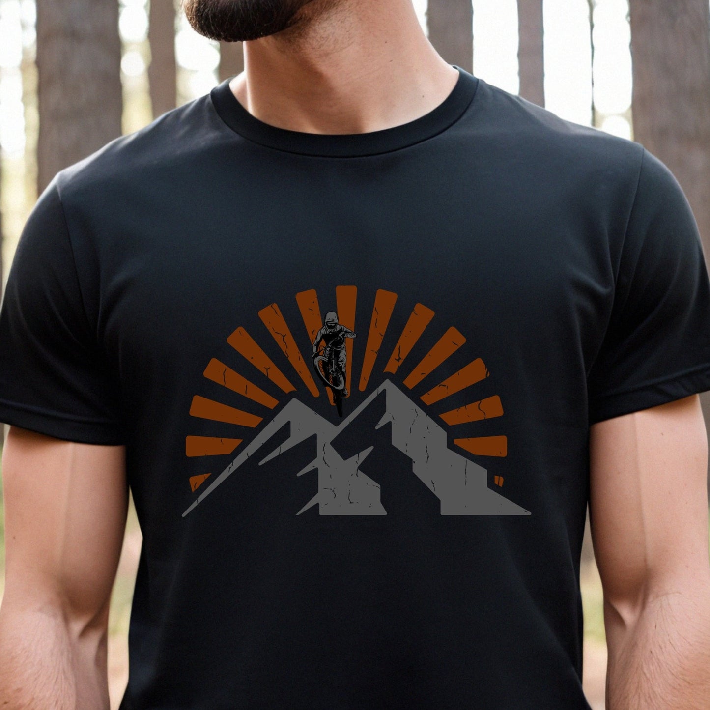 Mountain Bike T-Shirt MTB Biking Shirt Cycling - Orange Sunset Above Mountain with Biker