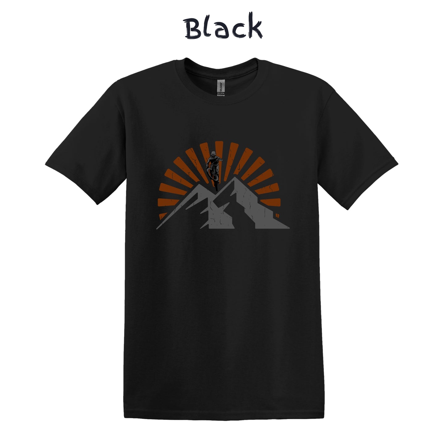 Mountain Bike T-Shirt MTB Biking Shirt Cycling - Orange Sunset Above Mountain with Biker