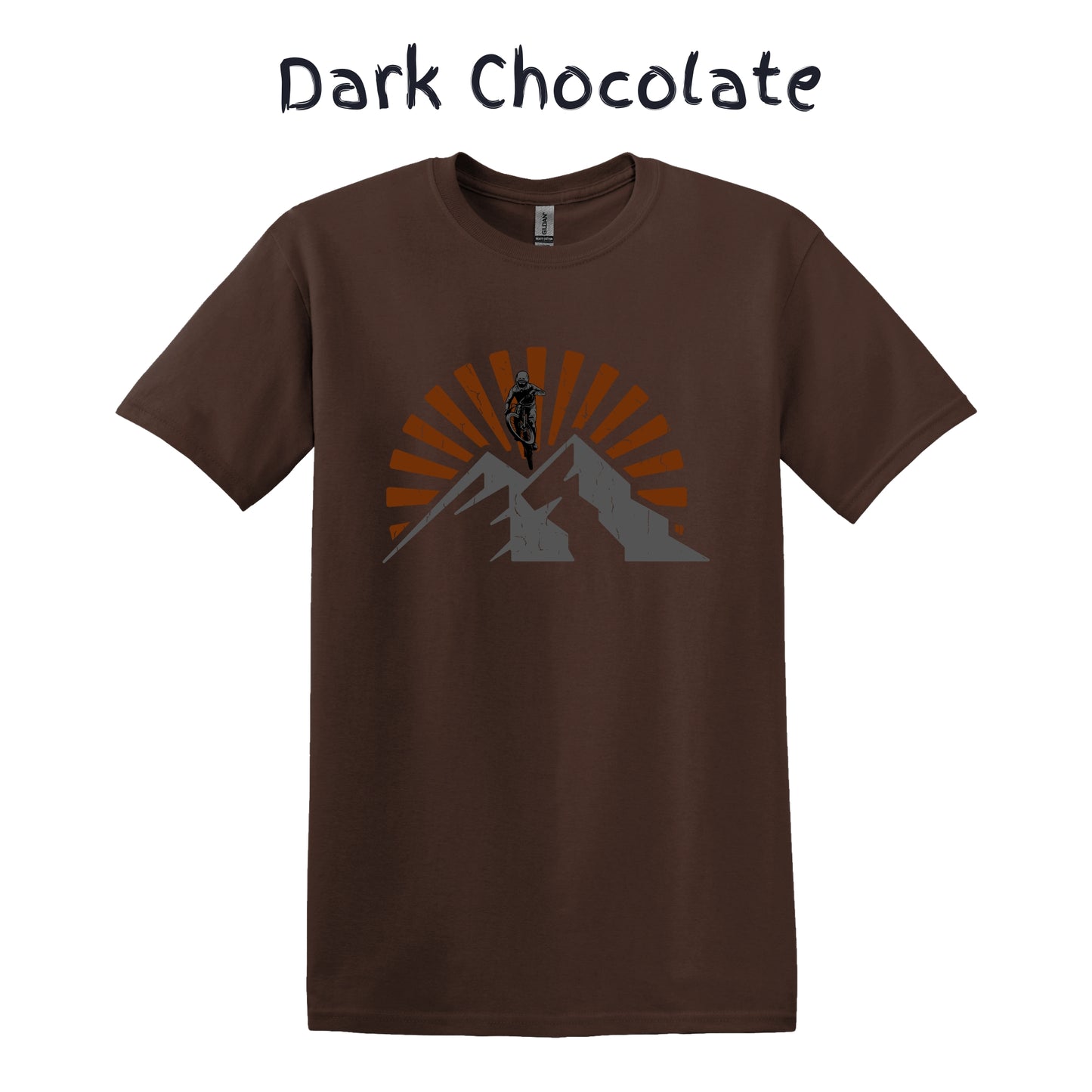 Mountain Bike T-Shirt MTB Biking Shirt Cycling - Orange Sunset Above Mountain with Biker