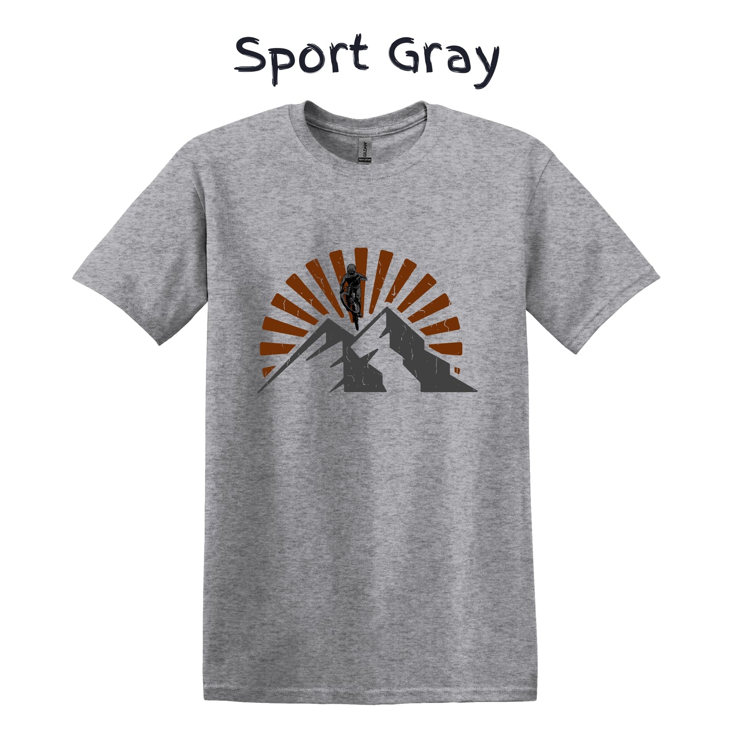 Mountain Bike T-Shirt MTB Biking Shirt Cycling - Orange Sunset Above Mountain with Biker