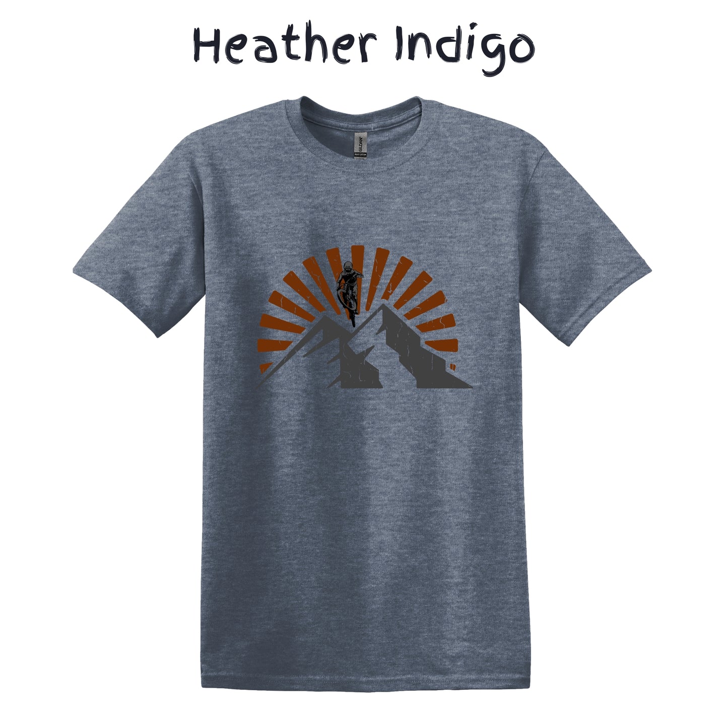 Mountain Bike T-Shirt MTB Biking Shirt Cycling - Orange Sunset Above Mountain with Biker