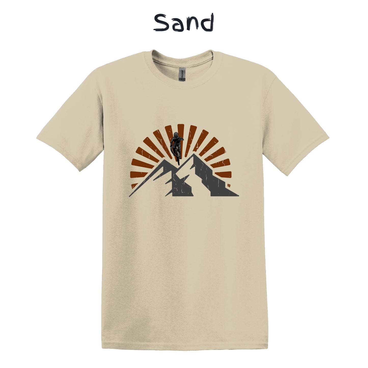 Mountain Bike T-Shirt MTB Biking Shirt Cycling - Orange Sunset Above Mountain with Biker