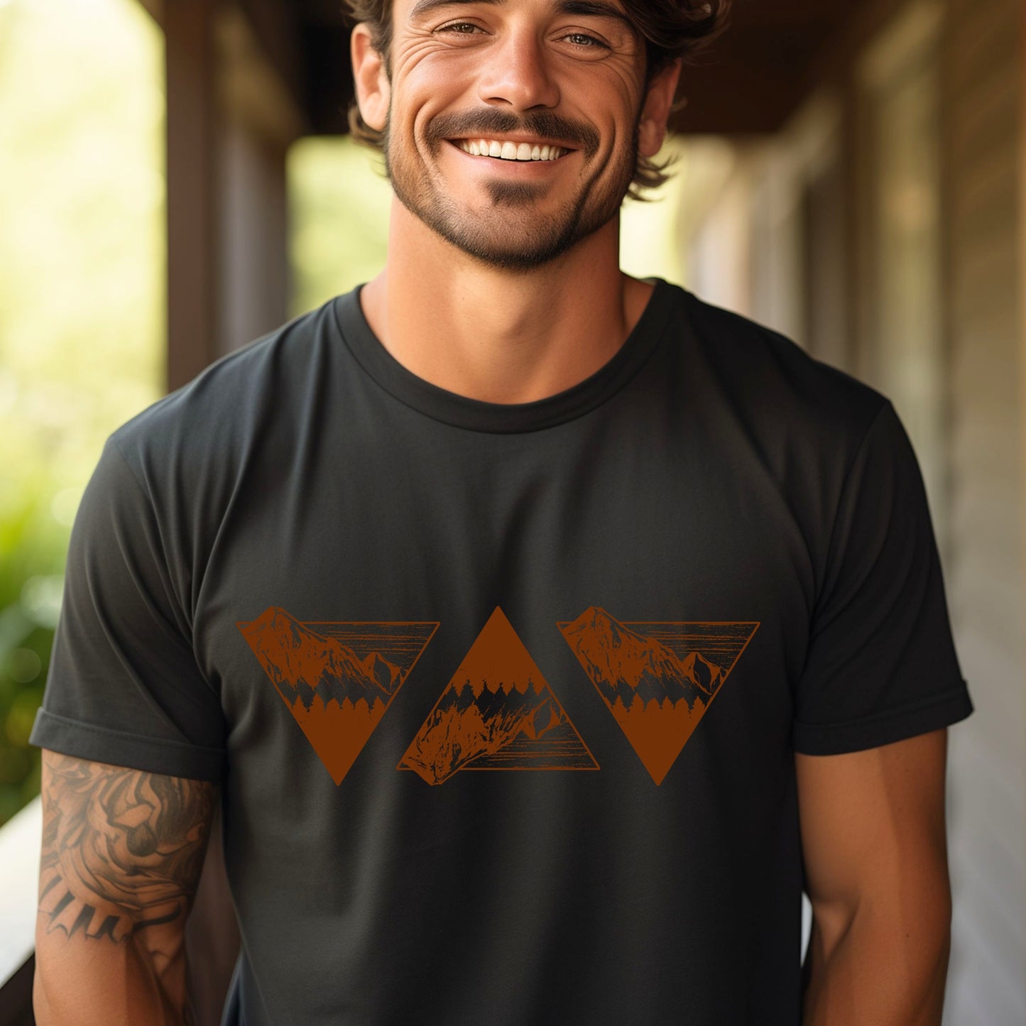 Men's Graphic Tee Mountain Tshirt Outdoorsy Adventure Nature Shirt - 3 Orange Triangles