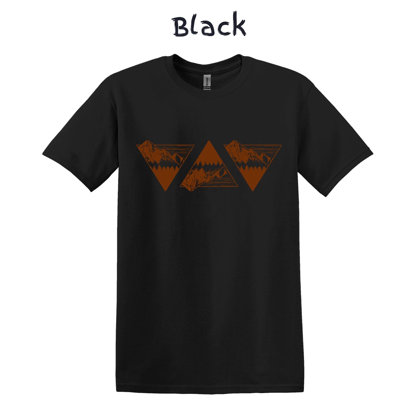 Men's Graphic Tee Mountain Tshirt Outdoorsy Adventure Nature Shirt - 3 Orange Triangles